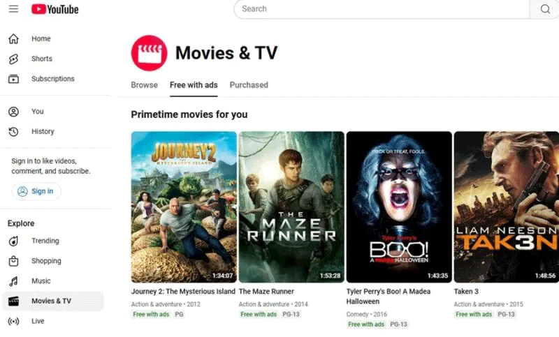 Mục phim miễn phí của YouTube.