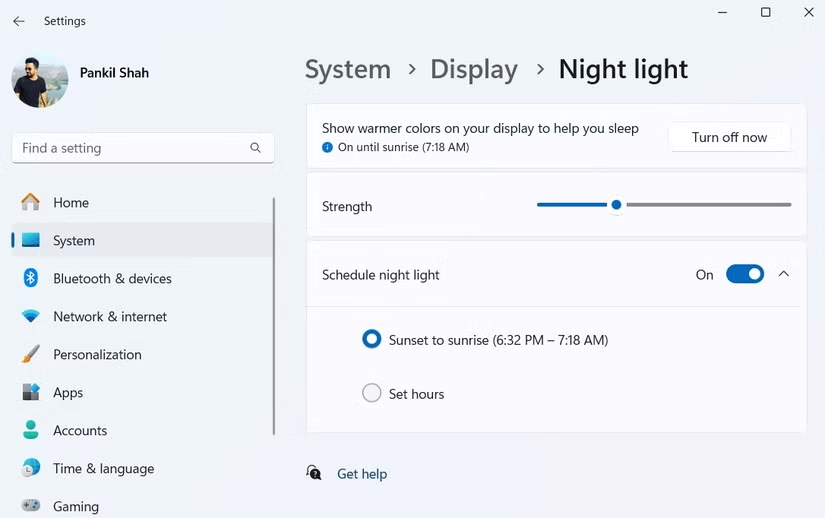 Ứng dụng Windows Settings hiển thị cài đặt Night Light