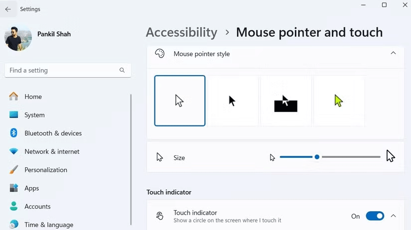 Menu cài đặt con trỏ chuột trong Windows 11