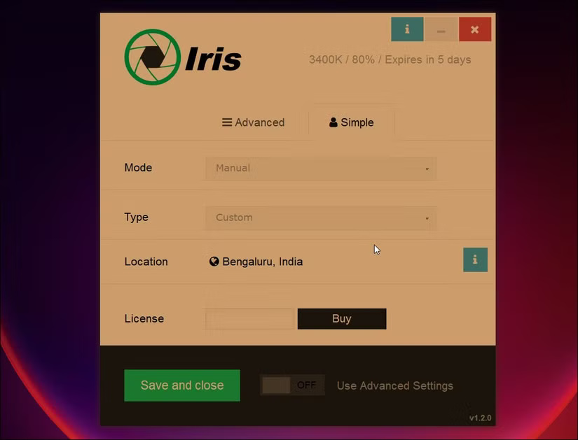 Cửa sổ điều khiển độ sáng của Iris
