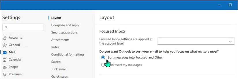 Focused Inbox trong ứng dụng Outlook Windows