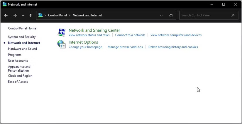 Tùy chọn Network and Internet trong Control Panel trên Windows 11