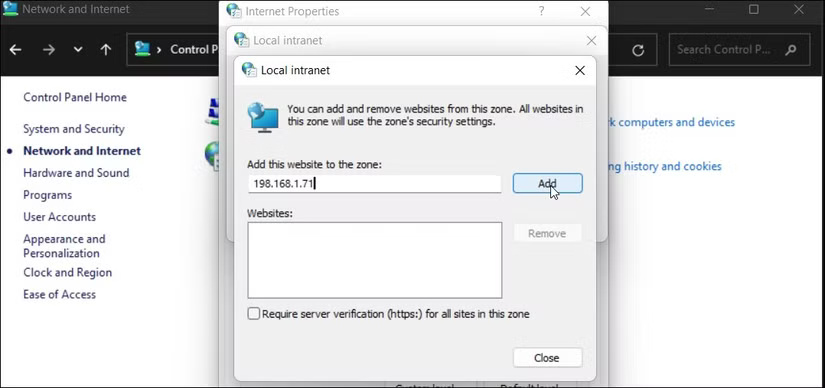 Hộp thoại Local Intranet trên Windows 11