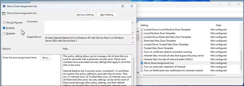 Cài đặt policy Site to Zone Assignment List mở trong Group Policy Editor