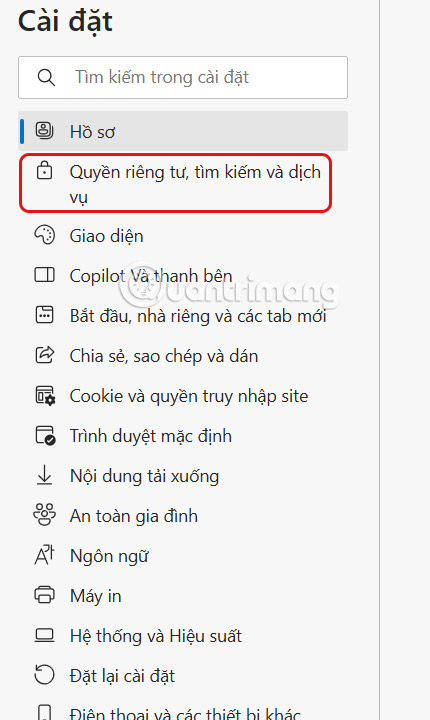 Quyền riêng tư, tìm kiếm và dịch vụ Edge 