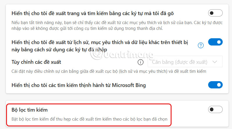 Tắt bộ lọc thanh tìm kiếm trên Edge 