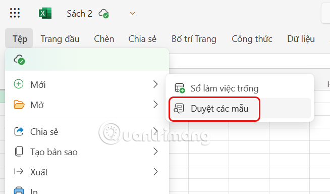 Duyệt mẫu trên Excel web 