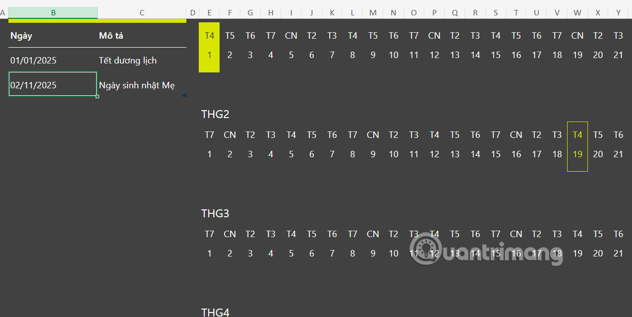 Lịch trên Excel web 