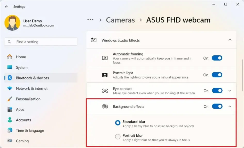 Hiệu ứng mờ nền camera trên Windows 11