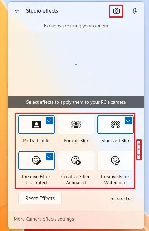 Hiệu ứng camera trên Studio Effects Windows 11