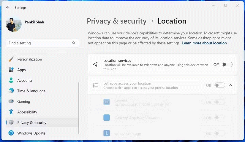 Tùy chọn dịch vụ định vị trong ứng dụng Settings Windows 11