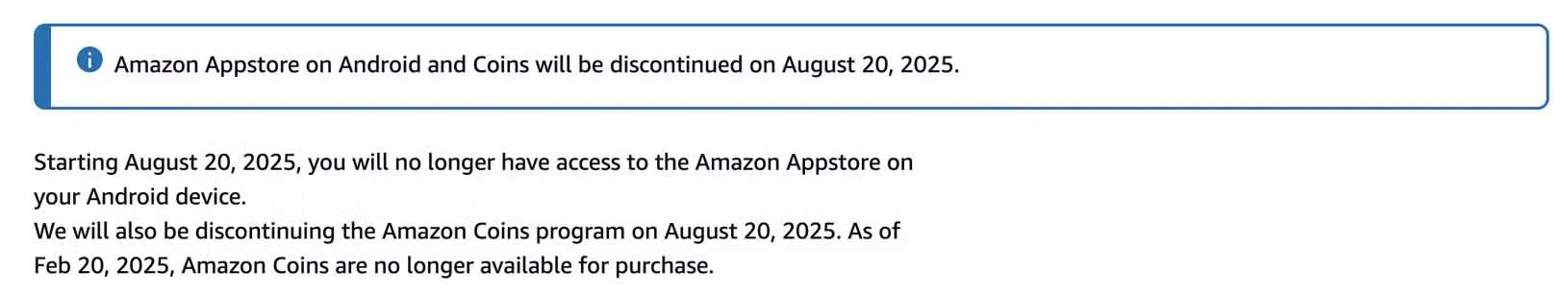 Thông báo từ Amazon cho biết Appstore sẽ ngừng cung cấp trên Android