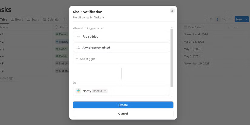 Tạo tự động hóa cho thông báo Slack trong Notion.