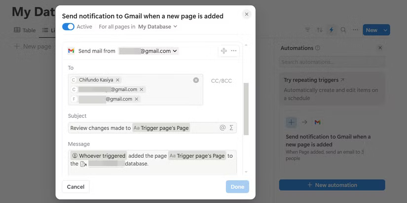 Tự động hóa Gmail được tạo trong Notion.