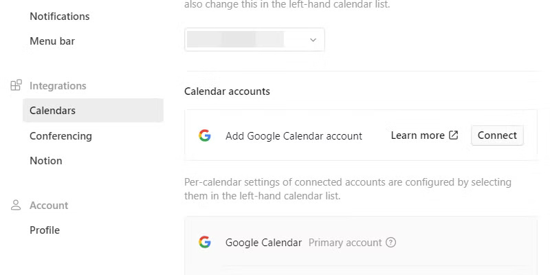 Kết nối Google Calendar trong Notion Calendar.
