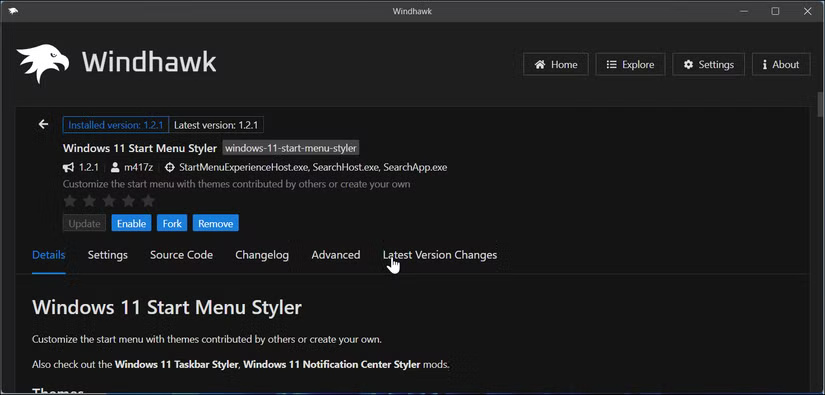 Ứng dụng Windhawk hiển thị trang chi tiết bản mod Windows 11 Start Menu Styler