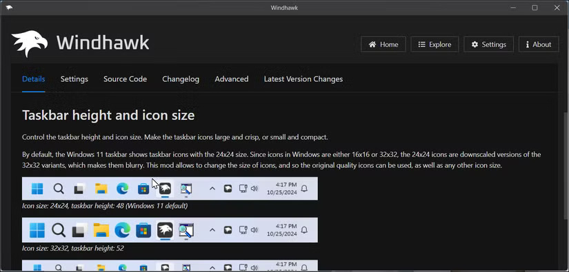 Ứng dụng Windhawk hiển thị trang chi tiết về bản mod Taskbar height and icon size