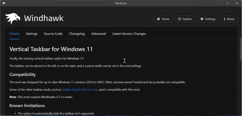 Ứng dụng Windhawk hiển thị trang chi tiết về mod Vertical Taskbar for Windows 11