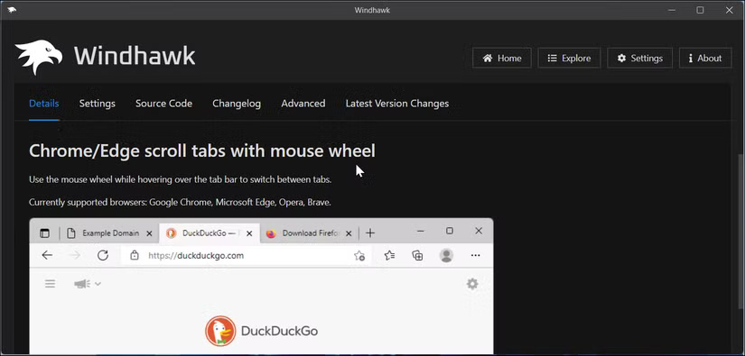 Ứng dụng Windhawk hiển thị trang chi tiết về bản mod Chrome Edge Scroll Tabs With Mouse Wheel