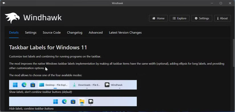 Ứng dụng Windhawk hiển thị trang chi tiết về bản mod Taskbar Labels for Windows 11