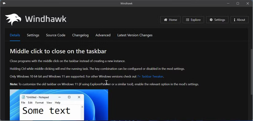 Ứng dụng Windhawk hiển thị Middle Click to Close on the Taskbar