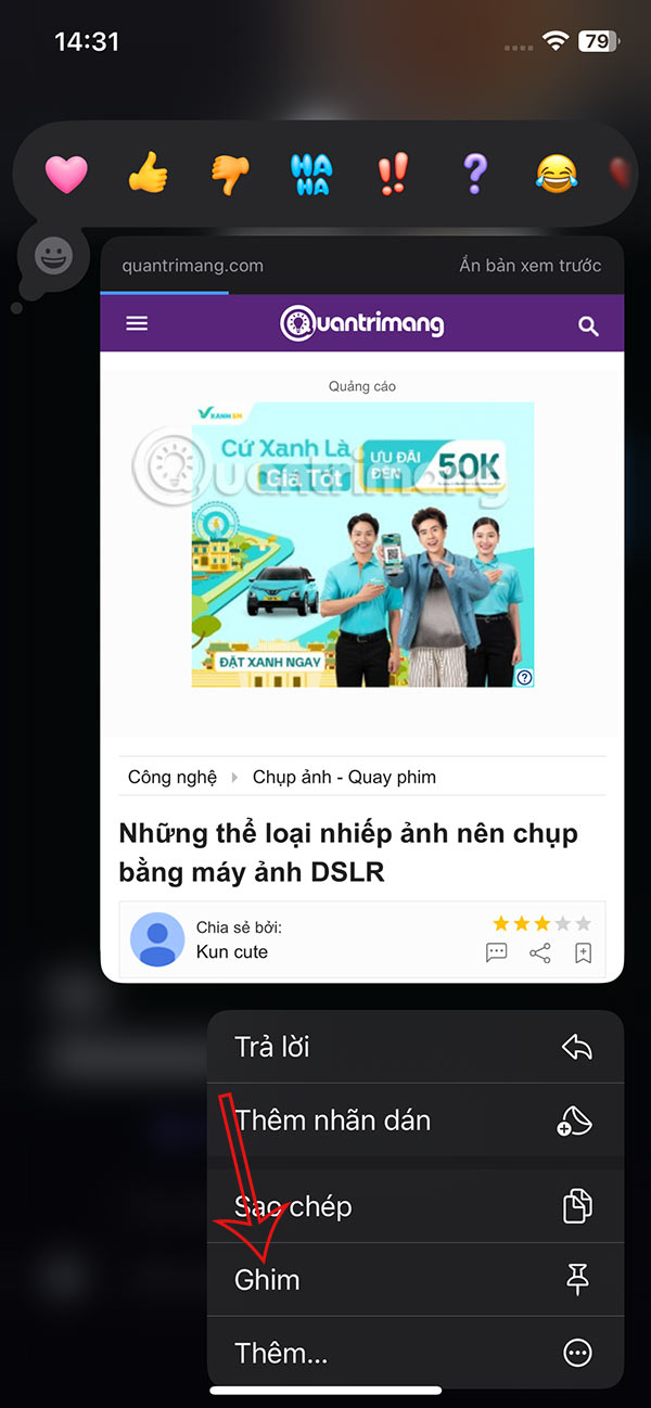 Ghim nội dung chia sẻ tin nhắn iPhone