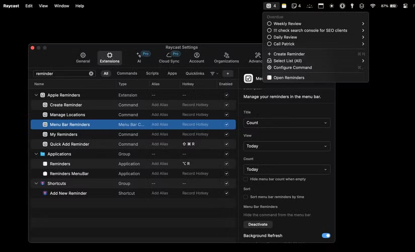 Tiện ích mở rộng Reminders trong Raycast