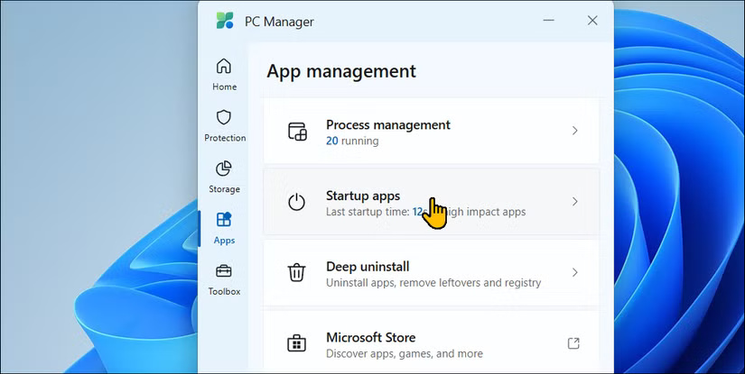 Tab Apps mở trong Microsoft PC Manager trên Windows 11