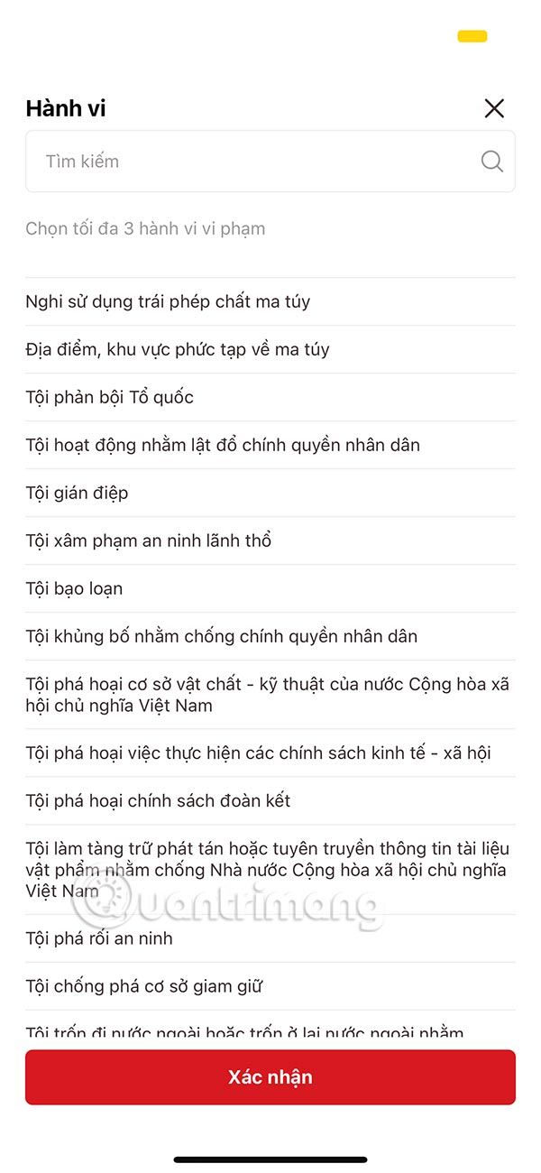 Chọn hành vi muốn tố cáo