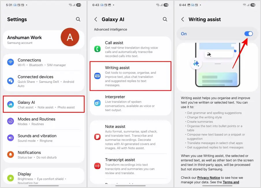 Writing assist trên Samsung Galaxy 
