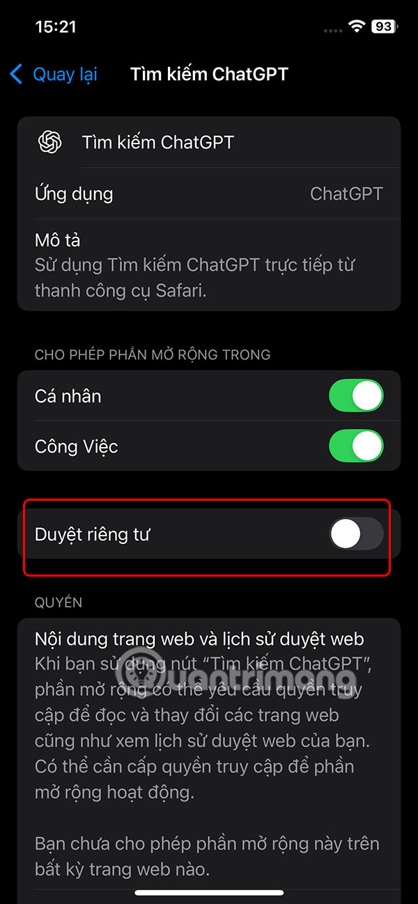 Bật ChatGPT trong Safari riêng tư