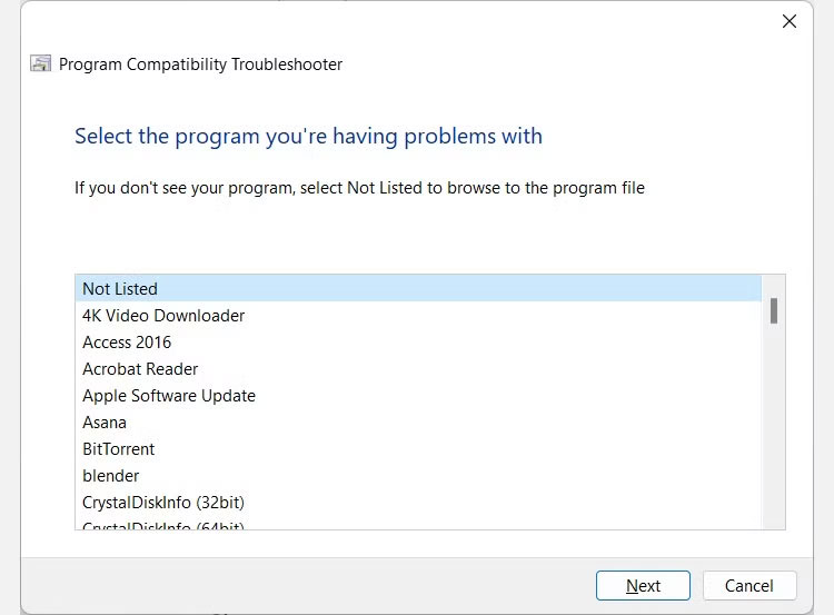 Chọn chương trình trong Program Compatibility Troubleshooter trên Windows 11