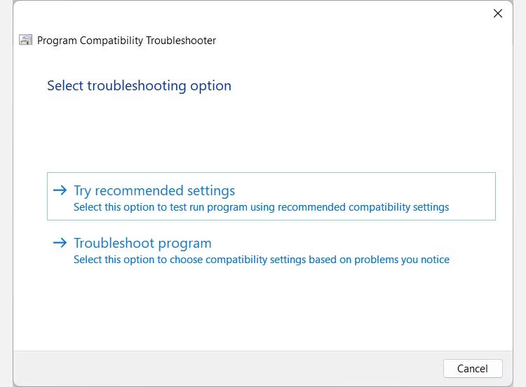 Chọn tùy chọn khắc phục sự cố trong Program Compatibility Troubleshooter trên Windows 11