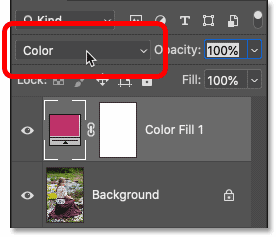 Thay đổi blend mode của fill layer Solid Color thành Color trong bảng Layers của Photoshop.