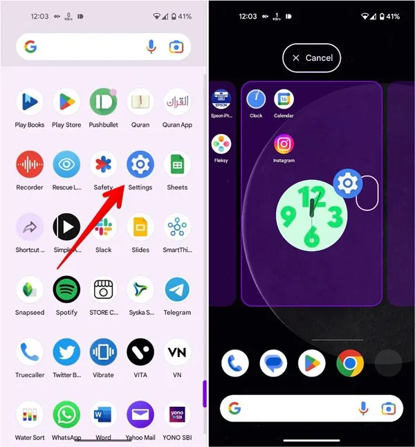 Di chuyển ứng dụng Settings vào màn hình chính trên Android.