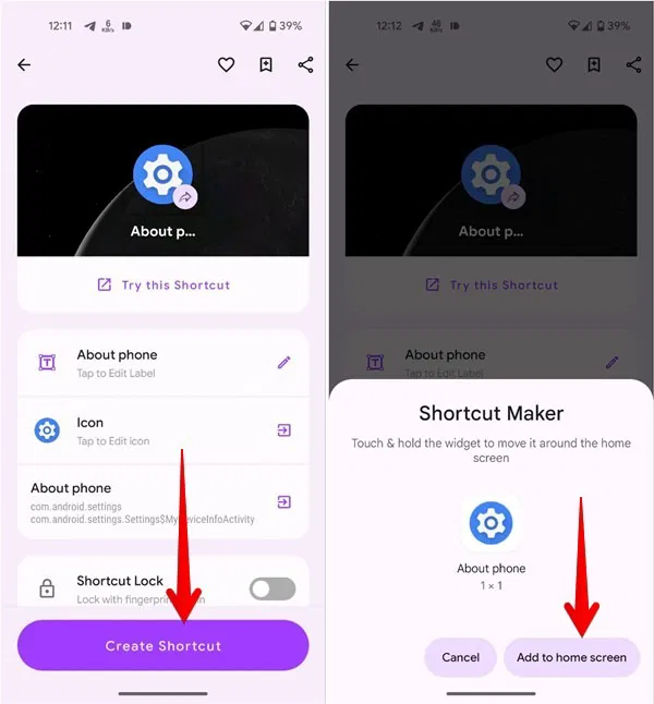 Thêm shortcut mới tạo vào màn hình chính bằng ứng dụng Shortcut Maker.