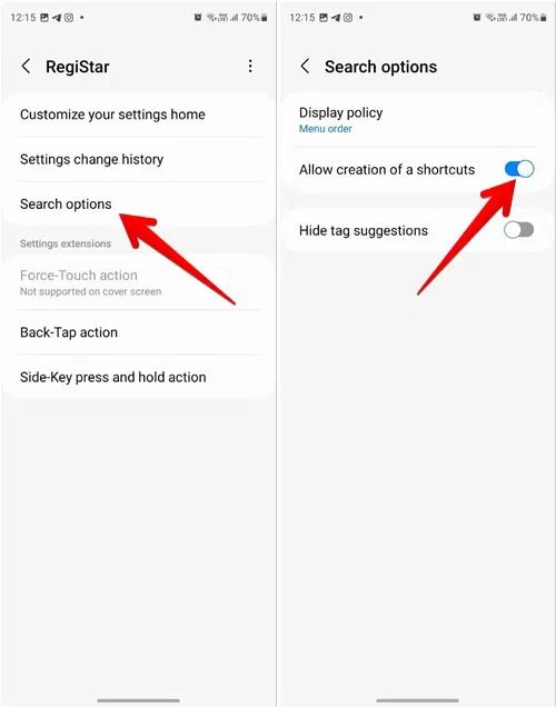 Bật tùy chọn “Allow creation of a shortcuts [sic]” trong Search options