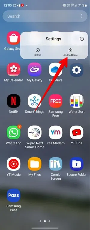 Tùy chọn "Add to Home Screen" trên điện thoại Samsung.