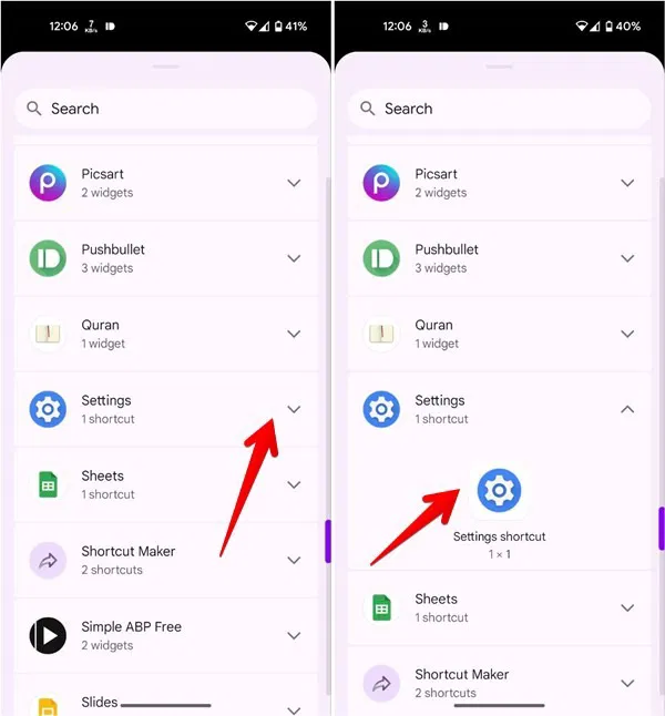 Hiển thị widget Settings trên điện thoại Android.