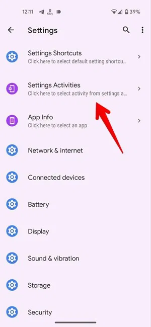 Nhấp vào Settings Activities trong ứng dụng Shortcut Maker.