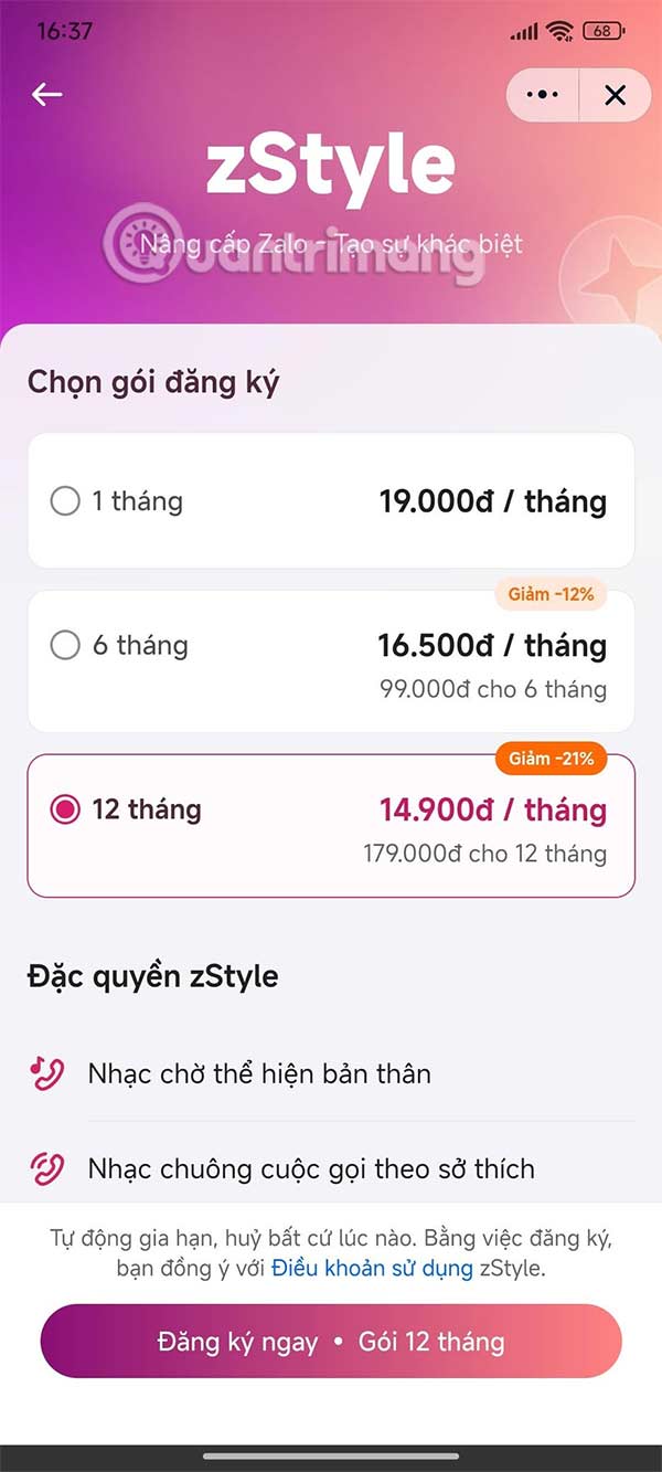 Đăng ký zStyle Zalo