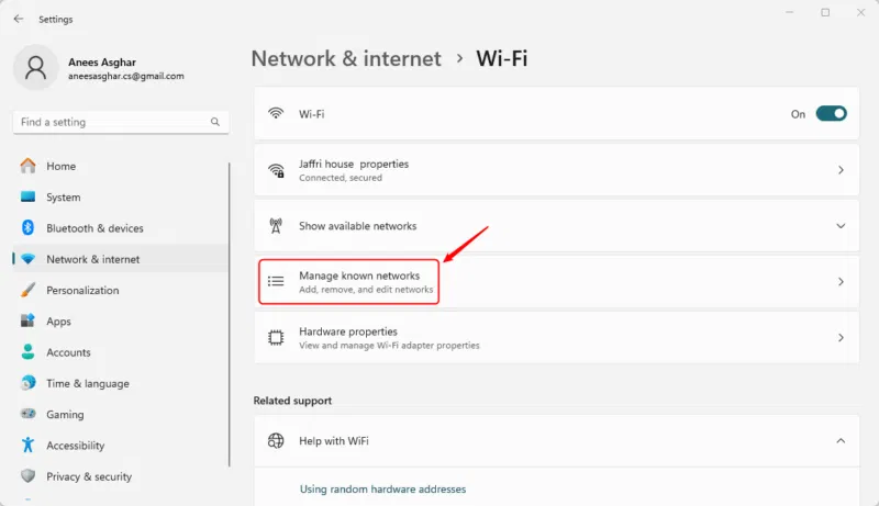 Đi đến Manage Known Networks