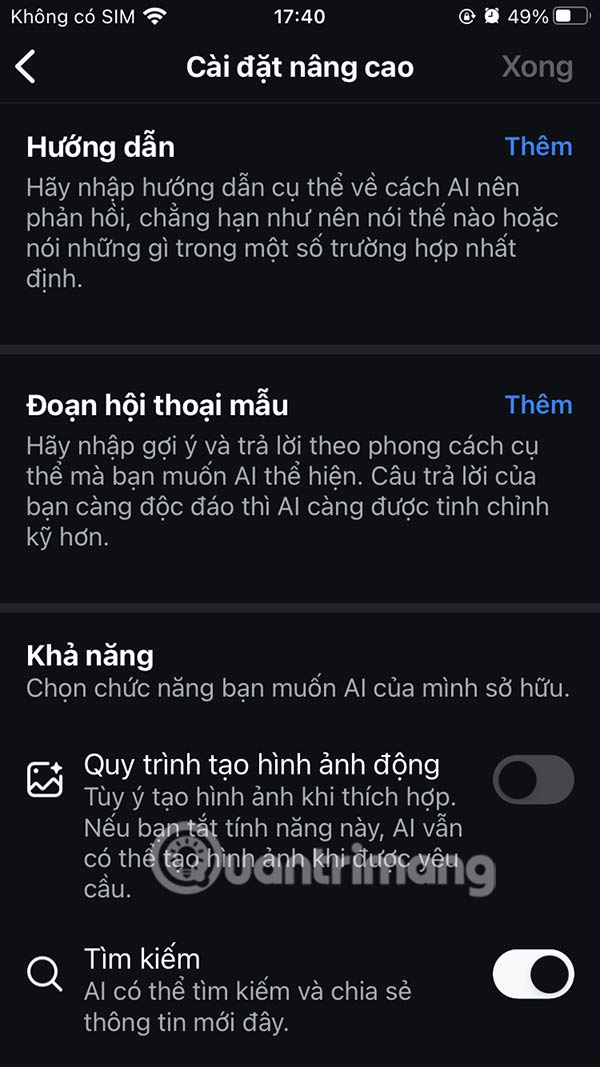 Chỉnh cài đặt nhân vật AI