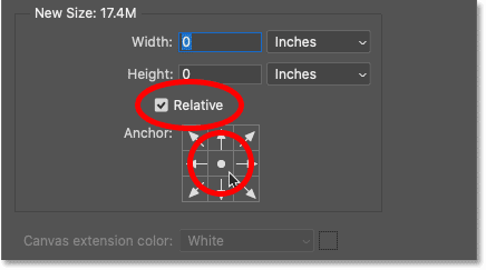 Chọn tùy chọn Relative và hộp Anchor ở giữa trong hộp thoại Canva Size của Photoshop