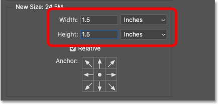 Nhập kích thước cho đường viền ảnh vào trường Width và Height của hộp thoại Canvas Size