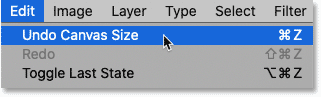 Chọn lệnh Undo Canvas Size từ menu Edit của Photoshop