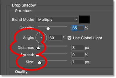 Các tùy chọn Angle, Distance và Size cho Drop Shadow trong hộp thoại Layer Style của Photoshop