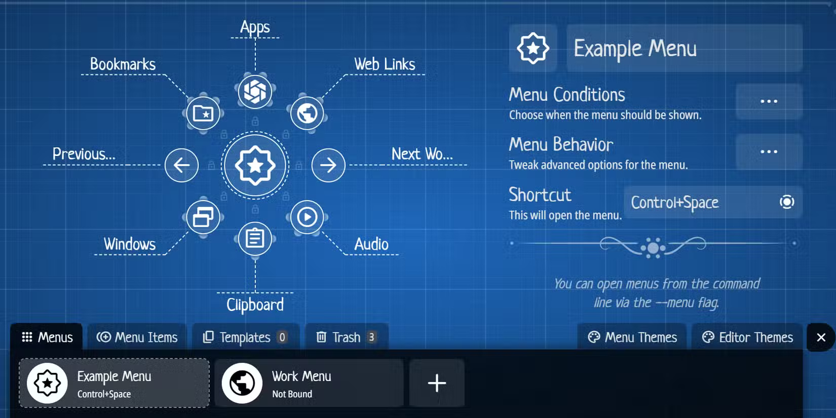 Giao diện trình chỉnh sửa menu Kando mở trong Windows 11