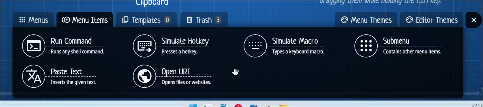 Tab Menu Items mở trong trình chỉnh sửa menu Kando trên Windows 11