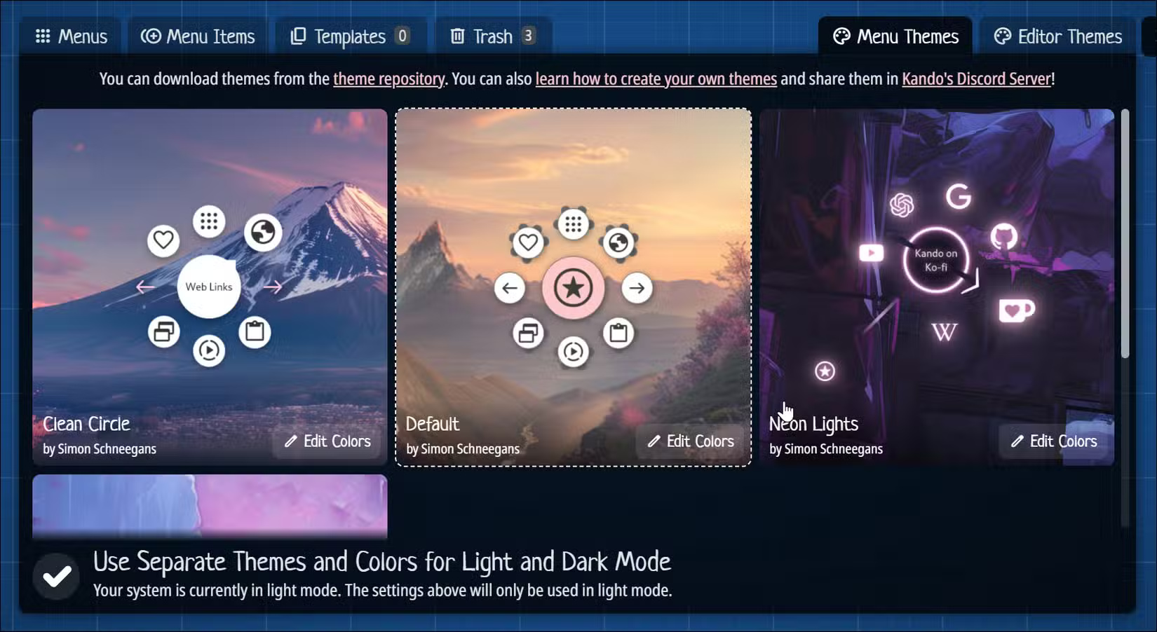Tab Menu Themes mở trong trình chỉnh sửa menu Kando trên Windows 11